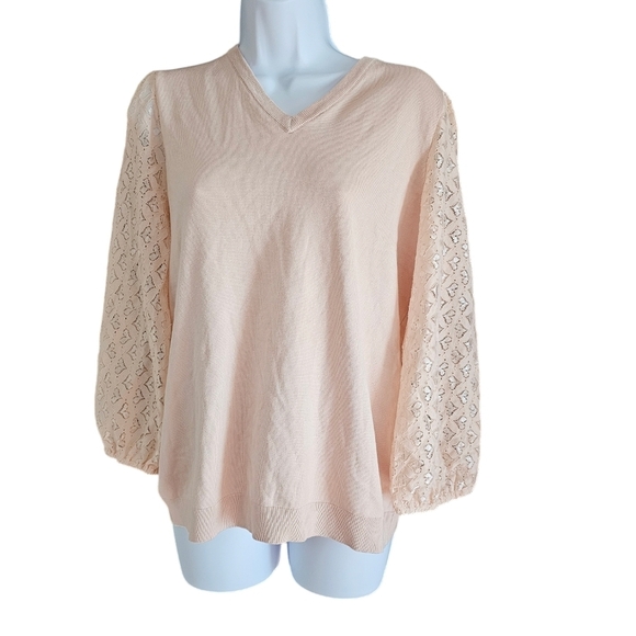 Adrianna Papell pearl blush pink heart lace long top v neck size medium NWT - Picture 1 of 3